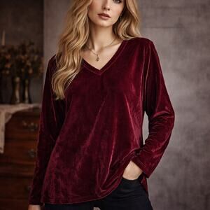 Karyn Seo Velvet Tunic Blouse Wine Red V Neck Boho Long Sleeve Small Whimsigoth